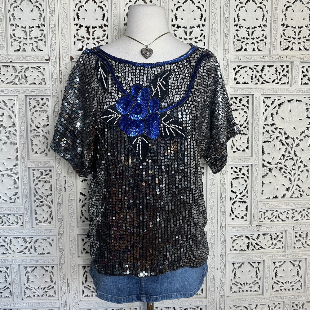 Vintage Sequin Floral Beaded 100% Silk Fairycore Glam‎ Festive Blouse Sz Large